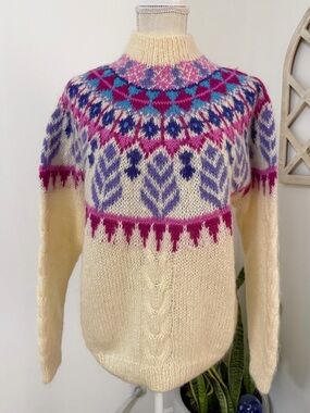 Vintage Forenza Sweater Fair Isle Cream  Mohair Wool Acrylic Women’s Size Large
